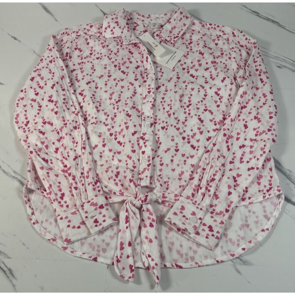 Beach Lunch Lounge Gauze Cotton Blouse Womens White W/Hearts Size XS